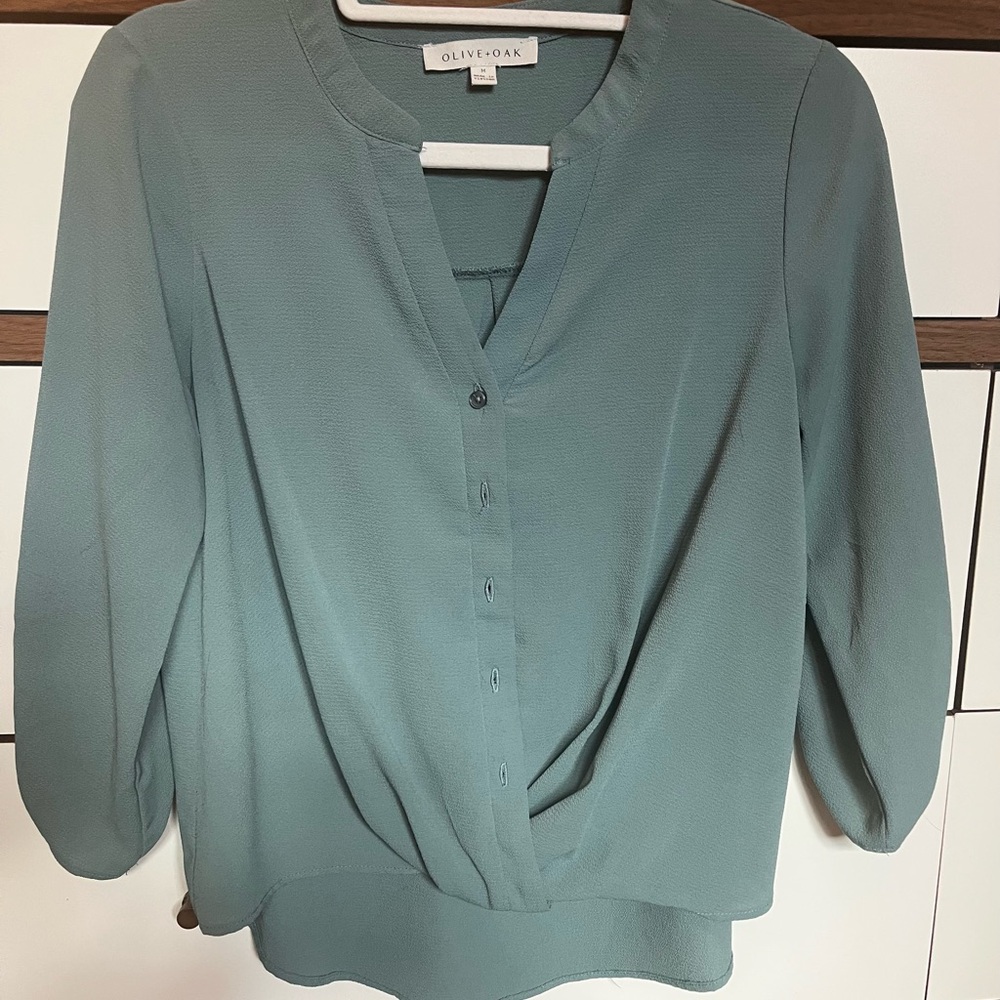 Olive & Oak Teal Wrap Blouse with Mandarin Collar